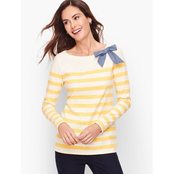 Talbots Women's Medium Yellow Striped Top Shirt Boat Neck Long Sleeve Bow - Picture 1 of 10